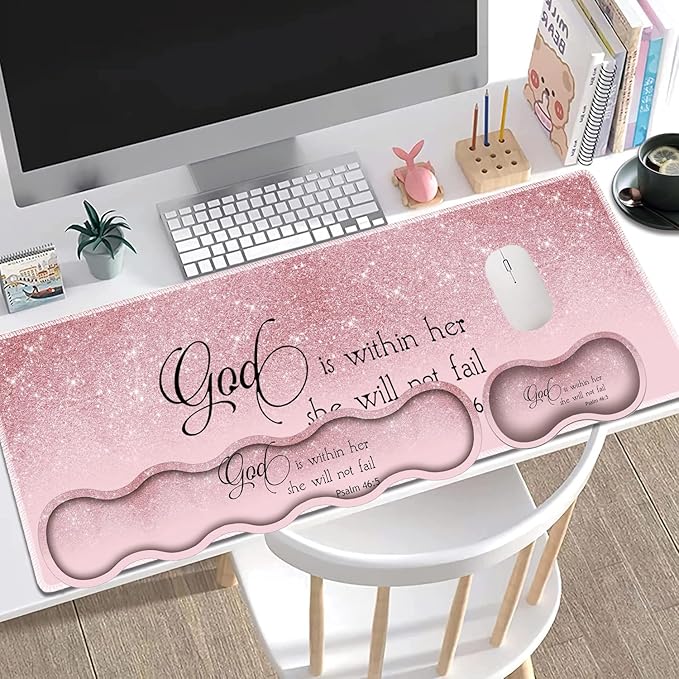 Large Gaming Mouse Pad + Keyboard Wrist Rest + Wrist Support + Coaster Set, Memory Foam Ergonomic for Easy Typing, XXL Extended Gaming Mouse Pad Table Pad - Bible Psalm 46:5