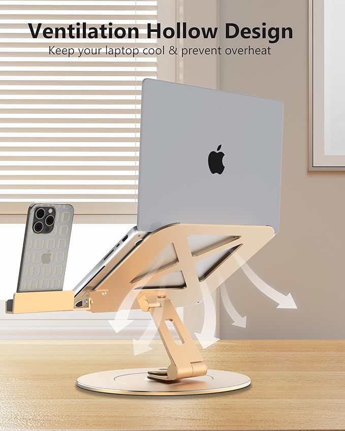 Ultra-Stable Aluminumy Laptop Stand for Desk with Foldable Phone Holder, 300% Large Base Stability, Anti-Loosening, Printer Stand Suitable for 10"-17.3" Laptops, Champagne Golden
