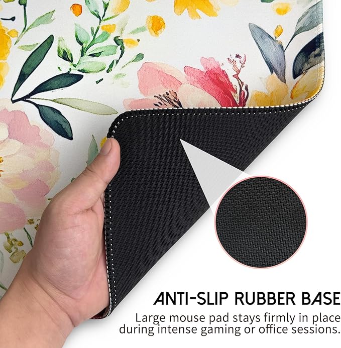Spring Floral Desk Mat,Cute Large Mouse Pad for Desk, Flower Computer Mousepad with Non-Slip Rubber Base,Girly Keyboard Mouse Pad for Work, Game, Office, Home,31.5 x 11.8 Inch