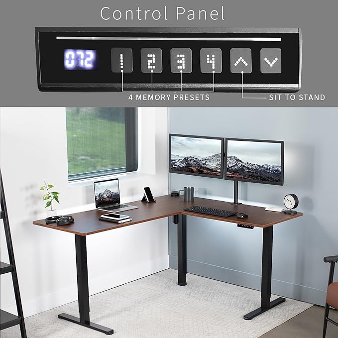 VIVO Corner Standing Desk, 63 x 55 inch Reversible L-Shaped Workstation, Electric Height Adjustment, Home, Office, and Reception Rooms, Dark Walnut Table Top Black Frame, DESK-E3CTD
