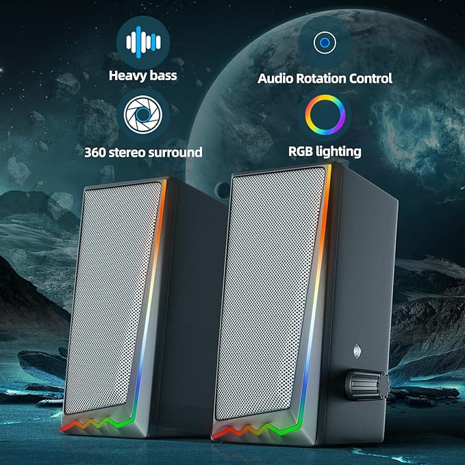 Computer Speakers, Desktop Speakers with Various Colorful LED, Gaming Speakers with Volume Control,for PC, AC Adapter Powered and 3.5mm AUX-in Computer Speakers