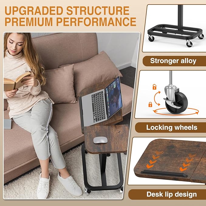 Large-Size Portable Laptop Rolling Desk with Wheels, Adjustable Height and Tilt Top Stable Mobile Over-Bed Table for Home Use - Brown