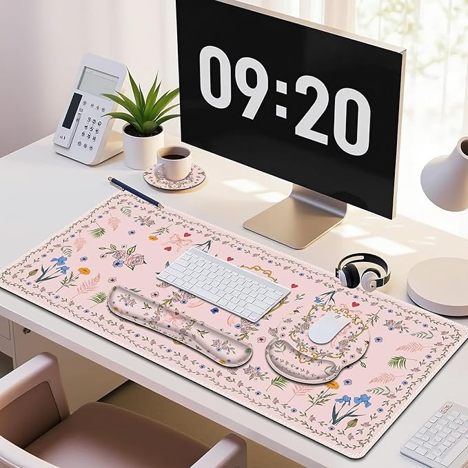 Romantic Pink Floral Mouse Pad, XXL Large Desk Mat Extended Reading Desk pad, 4PCS Non-Slip Rubber Base Computer Big Mousepads for Work, Game, Office, Home Decor Gifts Accessories I Cute Collection