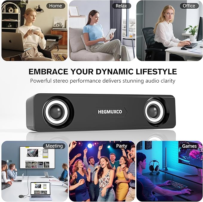 Compact PC Speakers for Desktop - 10W Wired Stereo Speaker with Volume Control Knob, USB Powered, 3.5mm Audio Input, Laptop Expertly Tuned Computer Soundbar with Deep Bass for Office, Home, and Gaming