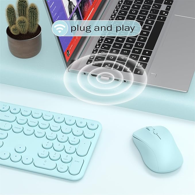 Wireless Keyboard and Mouse Combo, 110 Round Quiet Keys, Adjustable Optical Mouse, Share 1xUSB Receiver, Power Switch, for Windows Mac(Blue)