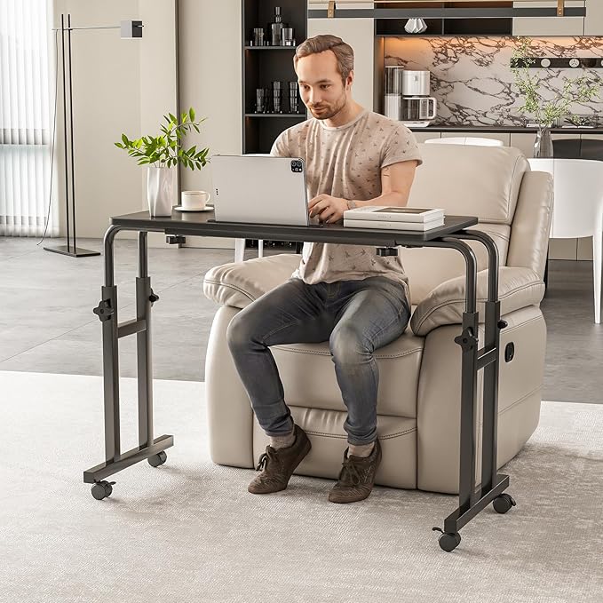 Overbed Table with Wheels, Adjustable Height and Length Over Bed Desk, Hospital Heavy Duty Metal Leg Laptop Stand for Adults