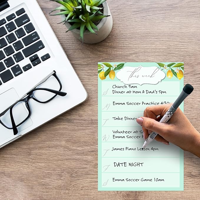 Dry Erase Weekly Calendar Planner Sticker Decal | Removable & Reusable | Magnetic Fine-Tip Marker Included (6 x 9 inches, Vintage Lemon)