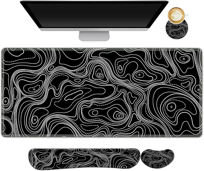 AIMSA Keyboard Mouse Pad Set, Large Gaming Mouse Pad +Wrist Rest Mouse Pad +Keyboard Wrist Support +Coaster, 35x15.7 inch Extended Desk Mat for Easy Typing Pain Relief (Black Topographic)