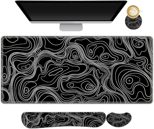 AIMSA Keyboard Mouse Pad Set, Large Gaming Mouse Pad +Wrist Rest Mouse Pad +Keyboard Wrist Support +Coaster, 35x15.7 inch Extended Desk Mat for Easy Typing Pain Relief (Black Topographic)