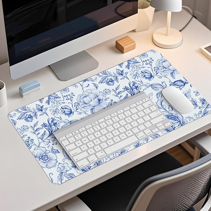 Blue Chinoiserie Mouse Pad,Blue and White Floral Desk Mat, Large Floral Preppy Trendy Mouse Pad,Girly Gaming Mousepad,Girly Laptop Desk Mat for Dorm Home Office Decor,23.6x11.8 Inch