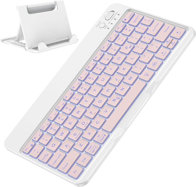 OMOTON Bluetooth Keyboard for Tablet/Android/Windows/iOS, with 7 Colors Backlight Rechargeable Wireless Mini Keyboard for Galaxy Tab A9+ / S9 FE / S10 / S11 / A11 Series etc, Pink