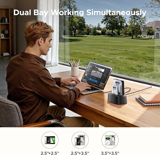 UGREEN Dual-Bay Hard Drive Docking Station for 2.5 & 3.5 SSD HDD Up to 48TB , USB C 3.0 to SATA I/II/III Hard Drive Enclosure Reader with Offline Clone and Duplicator Function Tool Free Installation