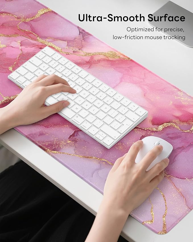 Pink Marble Mouse Pad, 31.5 x 11.8 Large Desk Mat with Stitched Edges & Non-Slip Base, Mousepad for Office, Home, Work