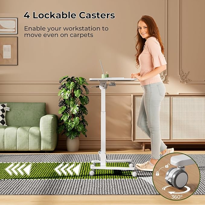 Foldable Standing Desk，Small Mobile Sit-Stand Desk with 90 Tiltable Top，Rolling Rising Laptop Workstation Adjustable Height，Portable Table on Hidden Wheels/4 Lockable Casters，White
