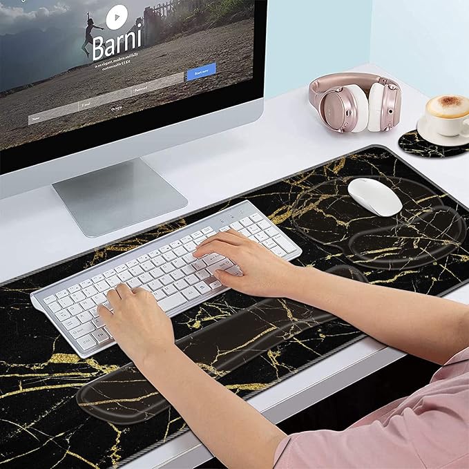 Bxgolkgd Keyboard Wrist Rest and Mouse Pad Wrist Support Set,Ergonomic Memory Foam Wrist Pad & Non Slip Base for Home Office Working Studying Easy Typing,Pain Relief,Black Gold Marble