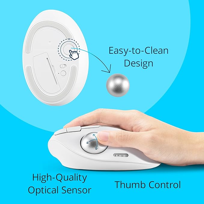 Kensington TB450 Wireless Trackball Mouse, Bluetooth LE & 2.4GHz Connection, 4 DPI Options, Connect up to 3 Devices (K72179WW), White-Silver