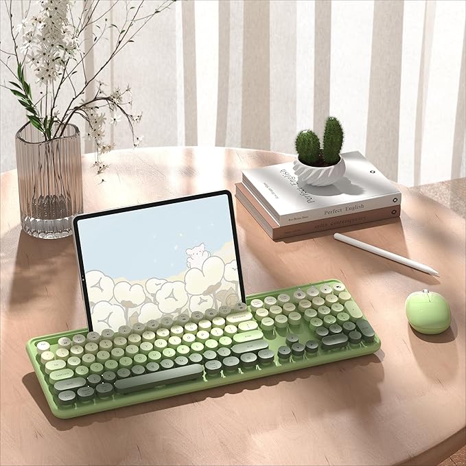 Colorful Wireless Computer Keyboard and Mouse Combo with Phone Holder, Wrist Rest, Typewriter Keys, 2.4GHz Wireless, Full-Sized Optical Mouse for PC and Laptop(Green Colorful)