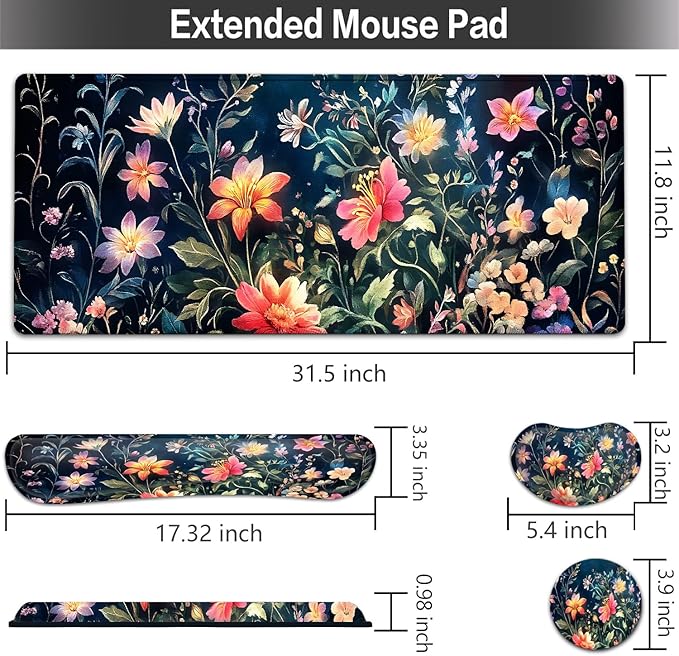 Large Mouse pad and Keyboard Support Set, Ergonomic Memory Foam Keyboard Wrist Rest, Extended Gaming Mouse Pad with Stitched Edges, Folral Plants XXL Desk Mat (31.5 X 11.8 in)