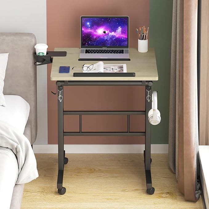Klvied Stand Up Desk on Wheels, Portable Computer Desk for Home Office,Rolling Desk for Laptop with Removable Cup Holder, Adjustable Laptop Cart for Standing or Sitting,Grey