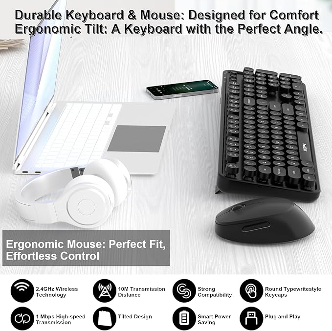 Wireless Keyboard and Mouse Combo, MOFII 104 Keys Full-Size Retro Round Keys Typewriter Keyboards Ergonomic Keyboards and Mouse Wireless for Windows, PC, Laptop, Desktop Black