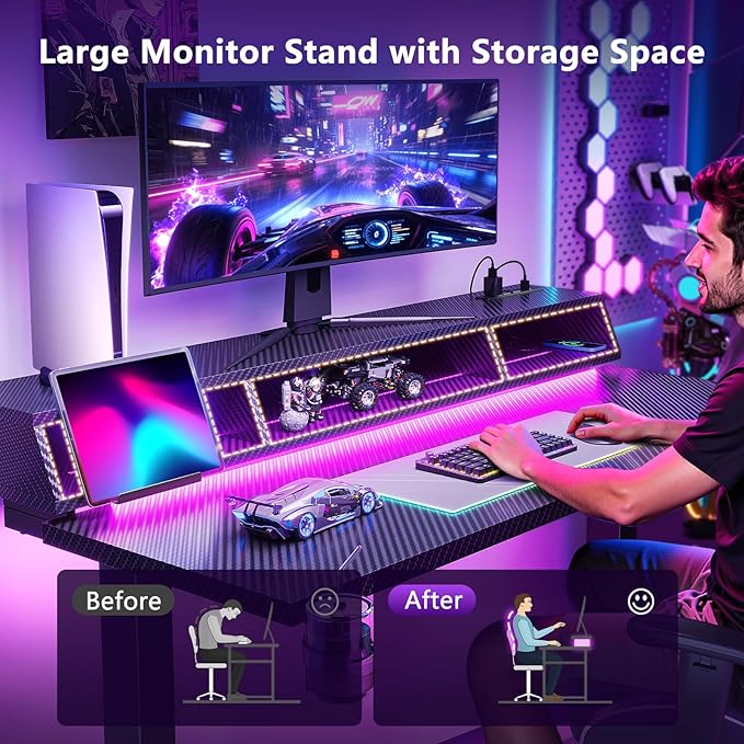 OffiGo Gaming Standing Desk with LED Light, 55 Inch Electric Height Adjustable Table with Power Outlet & Monitor Stand, Sit Stand Computer Workstation for Home, Bedroom, Black