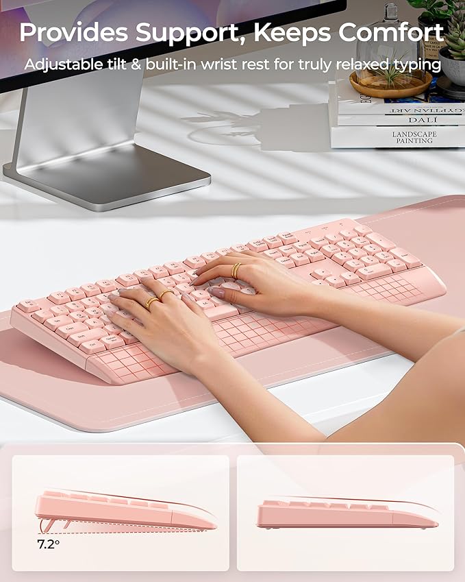 seenda Bluetooth Wireless Keyboard, Wireless Ergonomic Keyboard with Wrist Rest, Multi-Device Bluetooth Keyboard with Number Pad, Full-Size Keyboard for Computer/Laptop/Mac/MacBook, Pink
