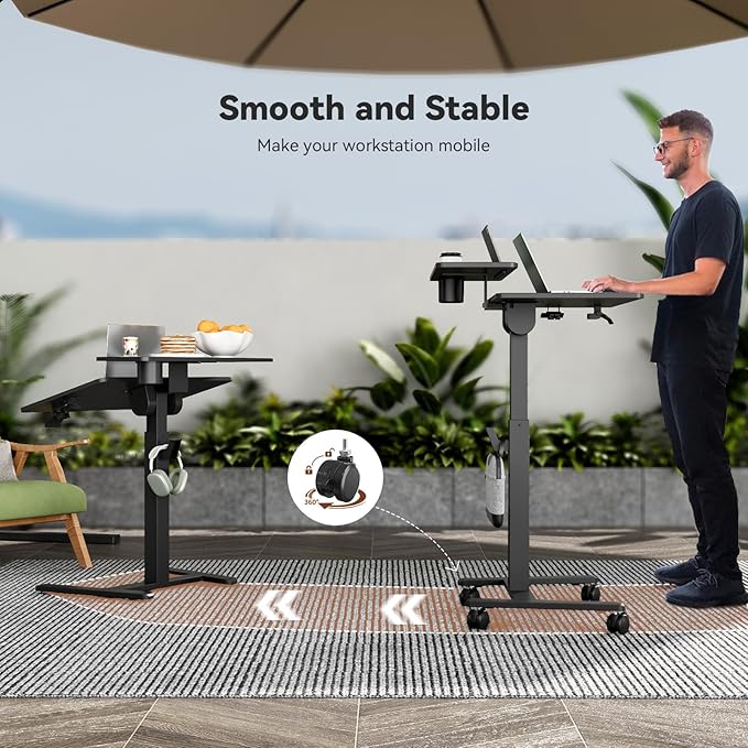 28Inch Rolling Standing Desk On Wheels， Small Computer Workstation Adjustable Height， Mobile Laptop Stand with Tiltable Desktop， 2-Tier Portable Study Table with Storage Shelves， Black