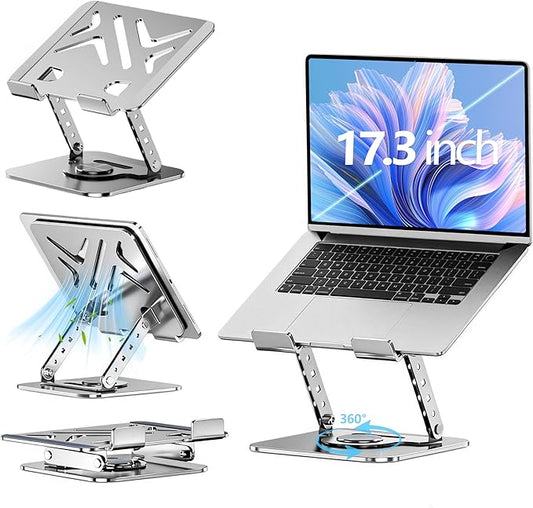 Laptop Stand for Desk, 360° Rotating Adjustable Metal Foldable Laptop Riser with Minimalist Football Vent Pattern, Ergonomic Computer Notebook Holder for MacBook, Dell, HP 10-17.3", Silver