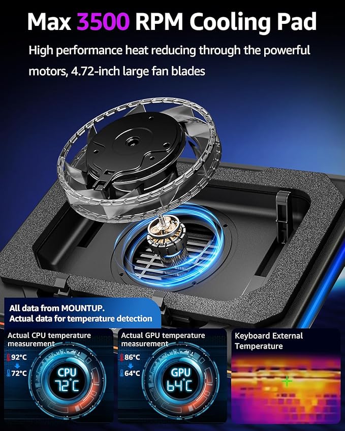 RGB Laptop Cooling Pad for 13-19", Max 3500RPM Gaming Laptop Cooler, Laptop Fan Cooling Pad Touch Switch to Control Speed, Powerful 4.72 Inch Turbo Fan