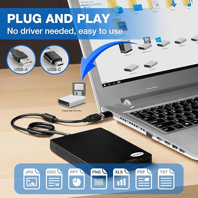 Floppy Disk Reader, 3.5 inch 1.44mb External USB Type A/C Floppy Disk Drive for PC, Laptop and Desktop Compatible with Windows 11/10/8/7/2000/XP, Not Compatible With Mac and Chrome, Black