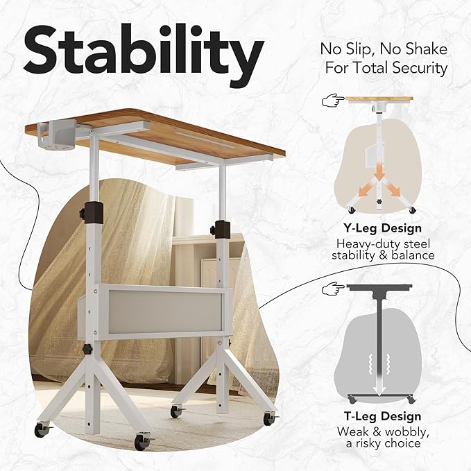 HUANUO Portable Standing Desk Adjustable Height, Mobile Stand Up Desk for Walking Pad and Treadmill, Rolling Computer Table with Wheels, 31.5"x15.75" Height 28.7"-46.1", Light Rustic