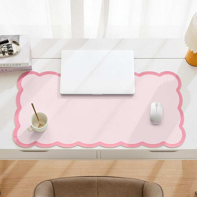 Scalloped Desk Mat, 31.5" x 15.7" Large Cute Pink Girls Women Aesthetic Desk Accessories, PU Leather Computer Laptop Desk Mat Mouse Keyboard Pad, Desk Writing Makeup Mat for Vanity/Work/Home Decor