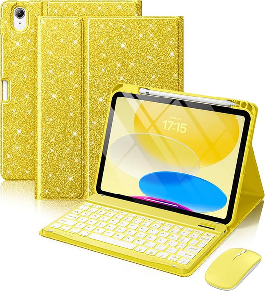 Hamile for iPad A16 Case with Keyboard - Mouse Backlit Wireless Detachable Keyboard Glitter Folio Cover with Pencil Holder for iPad 11th Gen A16 11-inch 2025 10th Generation 10.9 Inch 2022 - Yellow