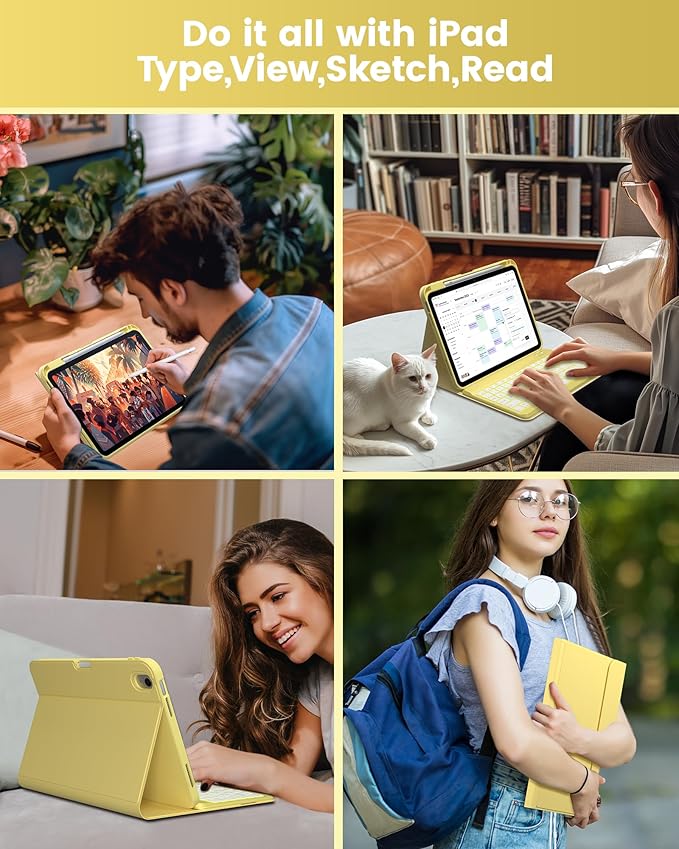 typecase Folio Keyboard Case for iPad 10th Gen 10.9 inch (2022) and iPad 11th (A16, 2025), Magnetic Wireless Detachable Keyboard, 7-Color Backlight, Thin & Light, Pencil Holder – Yellow