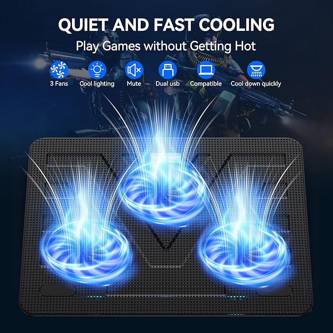 TECKNET Laptop Cooling Pad, Portable Slim Quiet USB Powered Laptop Notebook Cooler Cooling Pad Stand Chill Mat with 3 Blue LED Fans, Fits 12-17 Inches (Black)