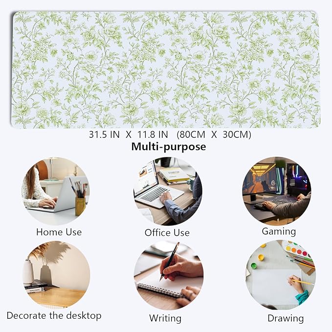 Sage Green Chinoiserie Mouse Pad,Vintage Light Green Floral Desk Mat,XL Large Vintage Flowers Preppy Mouse Pad,Girly Laptop Desk Mat for Dorm Home Office Decor,31.5x11.8 Inch