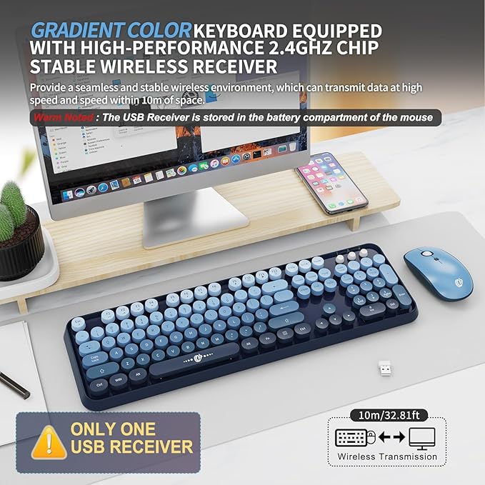 Wireless Keyboard and Mouse | Cute Colorful Keyboard and Mouse with 2.4GHz Cordless Retro Typewriter Keyboard | Auto-Sleep | USB Receiver for Windows PC/Laptop - Blue Gradient