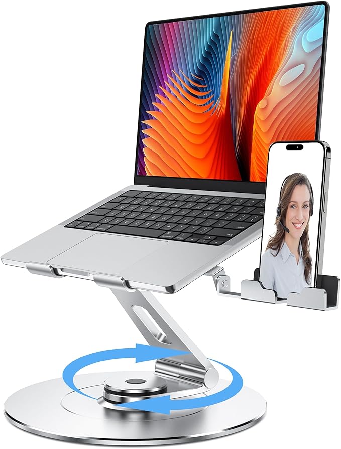 Laptop Stand with Phone Holder, Adjustable Laptop Stand, Aluminum Computer Mount Holder, Ergonomics Laptop Riser for Desk, Printer Stand Fits MacBook, up to 17.3" All Notebooks Silver