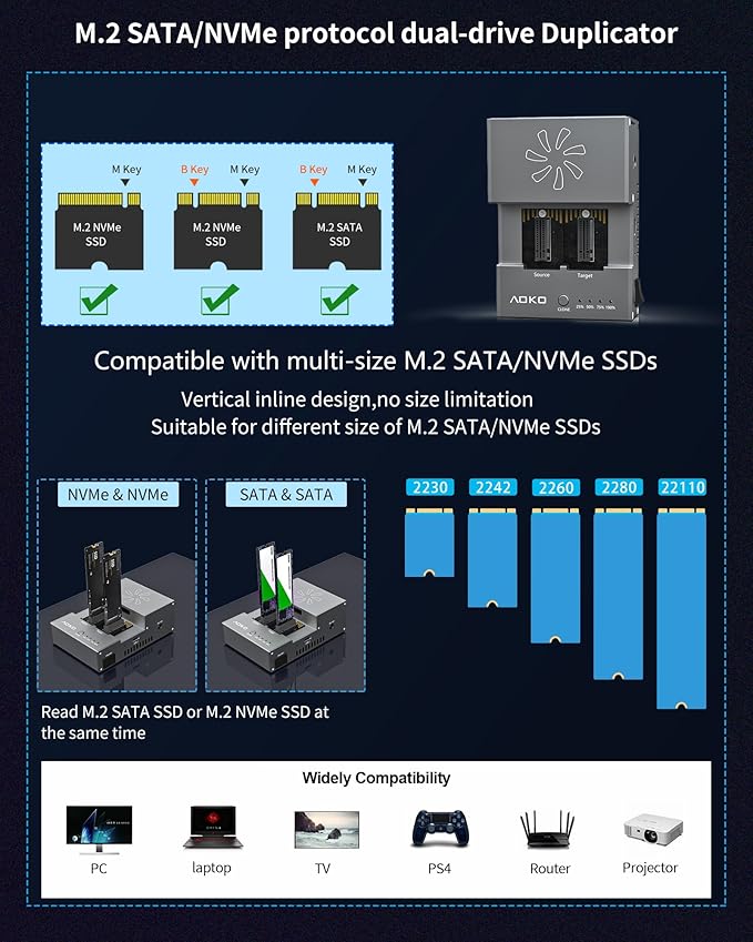 AOKO M.2 NVMe/SATA SSD Cloner with Cooling Fan，USB-C 10Gbps NVMe Clone Docking Station,SSD to USB Adapter&Reader,PCIE NVMe/NGFF Duplicator Supports Offline Clone, UASP and Trim