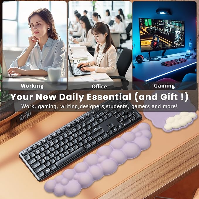 Memory Foam Keyboard Wrist Rest & Mouse Pad Set - Ergonomic Support for Laptop, Mac & PC, Cute Purple Cloud Design, Non-Slip Base for Typing, Gaming, Pain Relief, Comfortable Office Desk Must-Haves