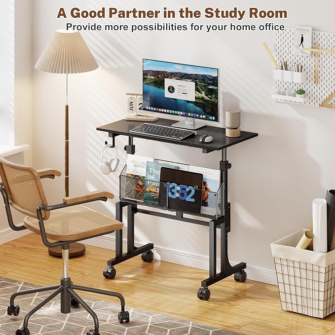 Height Adjustable Standing Desk With Storage, Small Stand Up Desk With wheels, Portable Rolling Desk for Home Office, Mobile Sit Stand Desk for Small Spaces, For Walking Pad Treadmill, Black