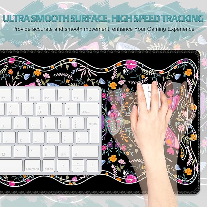 Desk Mat for Keyboard and Mouse, Large Non-Slip Mouse Pad Keyboard Pad, Computer Mats for Desktop, Cute Desk Pad with Stitched Edges for Office, Gaming I Black Colorful Folk Art