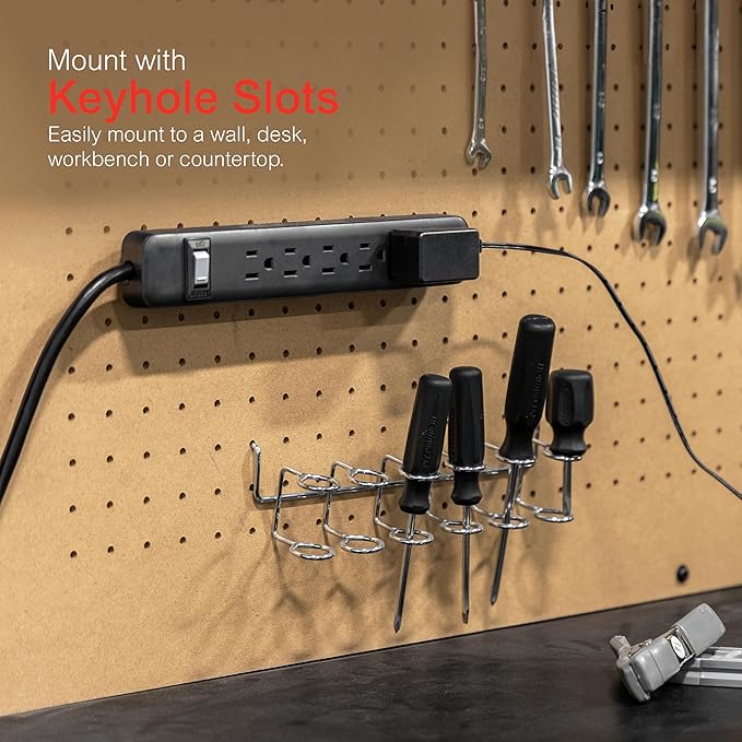GE 6-Outlet Power Strip, 2ft Cord, Wall Mount, Integrated Circuit Breaker, 15A, 1800W, UL Listed, Black, 14831