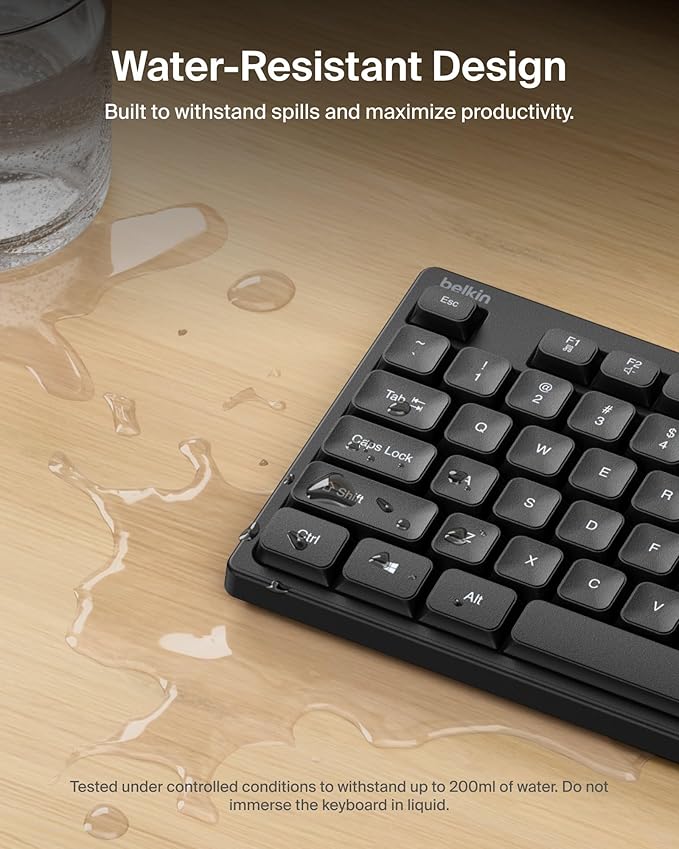 Belkin Connect Wired Keyboard and Mouse Combo - USB A Keyboard Set w/Wired Mouse, Ergonomic Design - Perfect for Home, Office, Desk, Compatible with Laptop, PC, Windows - Black