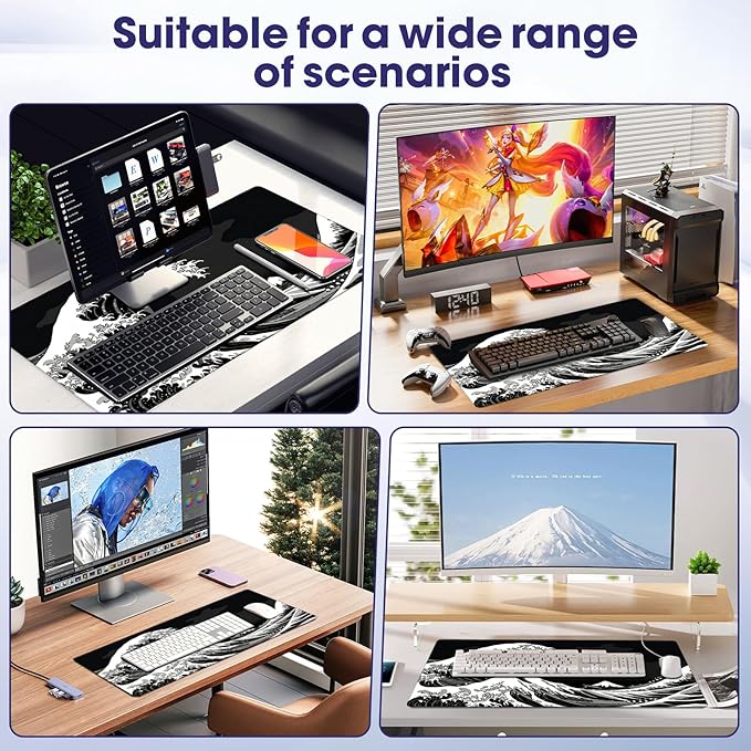 LifetimeWarrantly Japanese Sea Wave Large Gaming Mouse Pad – 35.4" x 15.7" Full Desk Mat, Non-Slip Rubber Base, Stitched Edges, Waterproof, Durable Surface for Esports, Office, Home