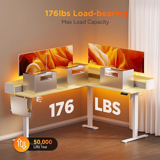 75 Inches Height Adjustable L Shaped Standing Desk with 5 Drawers and Monitor Shelf, Electric Sit to Stand Home Office Comupter Table, Ergonomic Corner Gaming Desk, Oak