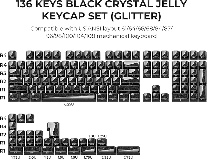 XVX Keycaps, Black Jelly Keyboard Keycaps with Glitter, Starry Key caps OEM Profile, Side Printed Keycap Set Compatible with 61/64/66/68/84/87/96/98/100/108 ANSI Layout MX Switches Mechanical Keyboard