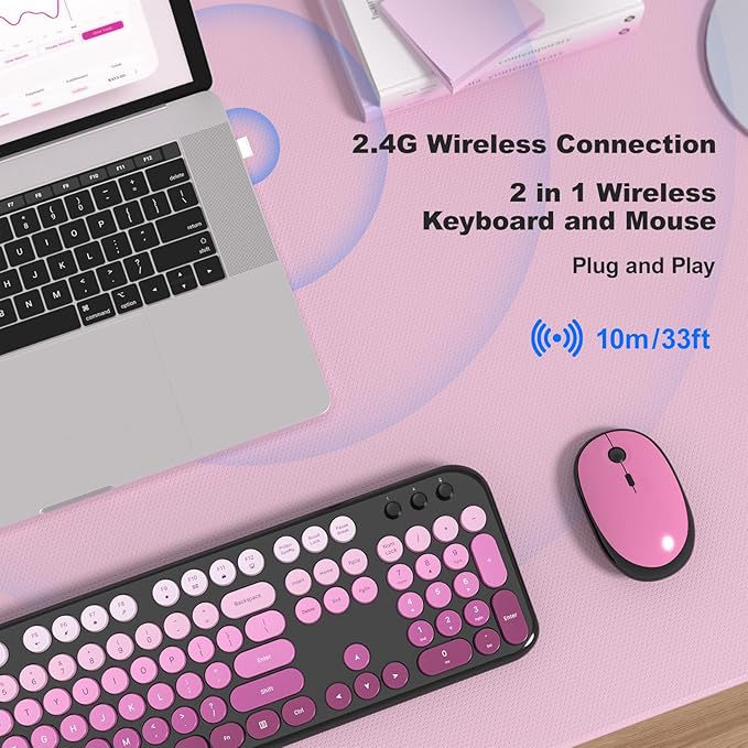 MOFII Wireless Keyboard and Mouse Combo - Blackpink-Gradient Full-Sized Plug and Play Colorful Computer Keyboards - 104 Keys Round Keycap USB 2.4G Cute Keyboard for Windows/Laptop/Mac/Desktop/PC