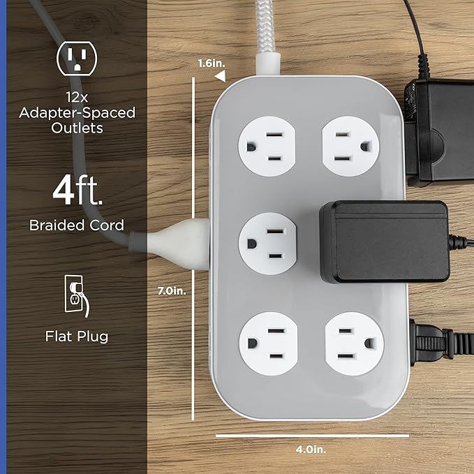 GE UltraPro 12-Outlet Surge Protector, 2100 Joules, 4ft Braided Extension Cord, Flat Plug, Power Strip with Wide-Spaced Outlets, Gray/White – 84670