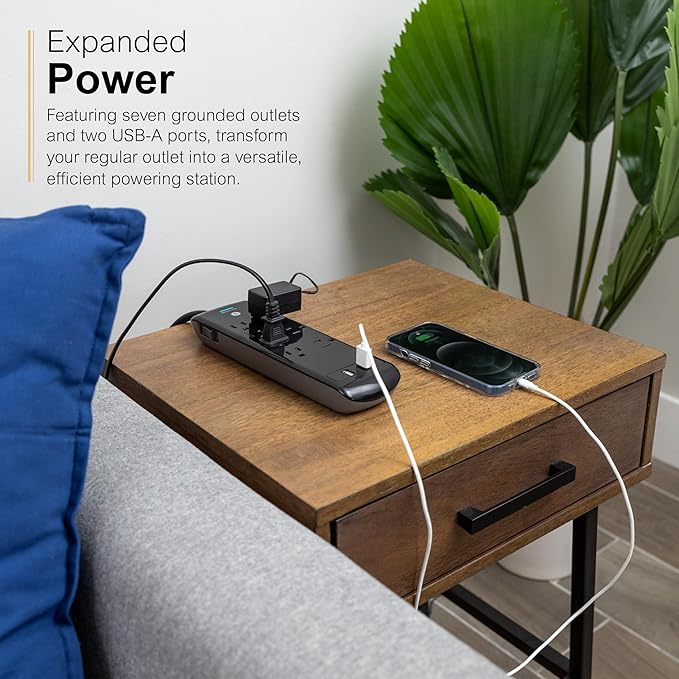 GE Pro 7-Outlet Surge Protector, 2 USB Ports, 3 Ft Extension Cord, 1780 Joules, 2.1 AMP/10 Watt, 3 Adapter Spaced Outlets, Flat Plug, Wall Mount, Warranty, ETL Listed, Black, 37054